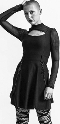  Killstar black stretch woven rayon nylon elastane Crash skater dress with long fishnet sleeves, bondage strap, keyhole neck