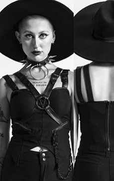 Killstar black Jaded strap top with pentagram hardware, body harness detail 