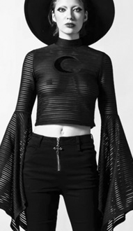 Killstar black acrylic cotton with moon applique bell sleeve stripe Phases top 