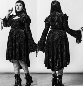Killstar black poly burnout velvet Goetia dress with bell sleeves, keyhole neck