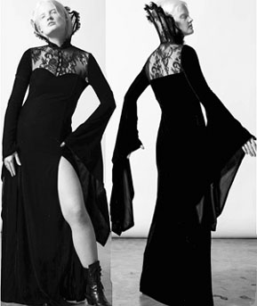 Killstar long black poly elastane velvet Dawn maxi dress with stand up lace collar, bell sleeves