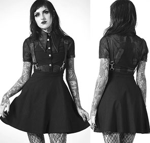 Killstar soft stretch black rayon nylon high neck Cosmic Katy Skater dress with faux leather collar, mesh underlay, adjustable faux leather straps