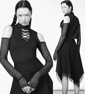 Killstar Melisandre Bardot black poly elastane cold shoulder lace top with lace up front, long slit sleeves.