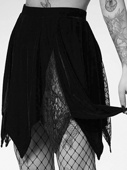 Killstar Lester black poly elastane stretch velvet skirt with lace inserts, hanky hem, elastic waist