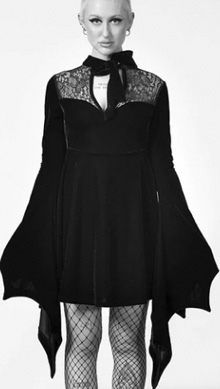 Killstar black poly stretch velvet bell sleeve Grimina velvet Sorcery dress with side zip, lace detail