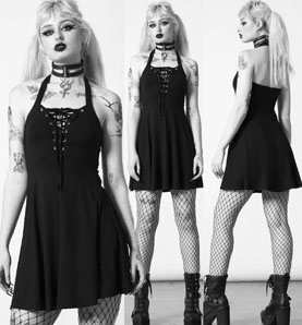 Killstar black rayon elastane Gothica halter dress.