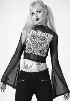 Killstar black rose print mesh Wicked Rose blouse with ruffled bell sleeves, laced up front, hi low hem