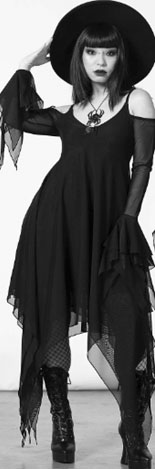 Killstar Omen Crush hanky hem bell sleeve cold shoulder black poly elastane mesh lined dress