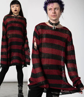 Killstar Dahlia Knit distressed stretch poly red black stripe longsleeve pull over unisex sweater top.
