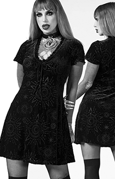 Killstar black poly elastane burnout velvet Spiritual Chant v-neck a-line short sleeve dress