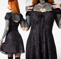 Killstar black poly elastane Conjura mesh babydoll dress with balloon sleeves, square neckline, purple occult print