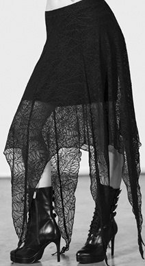 Killstar long black stretch spiderweb lace poly hanky hem stretch waistband lined Caroline skirt.