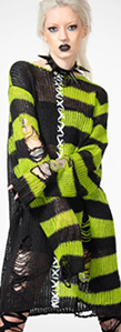Killstar black green stripe distressed stiched up Acidic Knit unisex sweater
