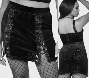 Killstar black strech poly elastane embossed velvet No Return mini skirt with patent vinyl lace up details