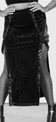 Killstar Ice and Fire black velvet and patent vinyl slit skirt with strap