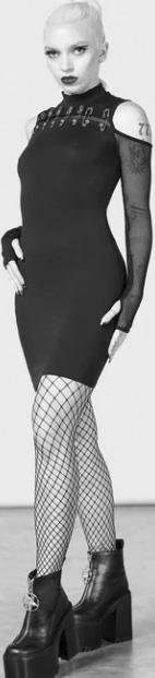 Killstar black poly elastane Zazzel fitted dress with high neck, thumbholes, safety pin detail, cold shoulder