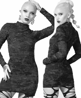 Killstar black/grey distressed stretch poly Shows Over long sleeve high neck dress