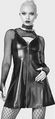 Killstar Other Worlds black pu vinyl zip front a-line shoulder strap dress 