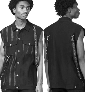 Killstar black contrast stripe viscose poly elastane stretch Carnevil button up waistcoat vest with removeable straps