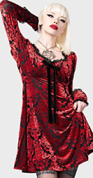 Killstar red poly elastane burnout velvet babydoll Sitri dress with bow, lace trim, sweetheart neck, long sleeves