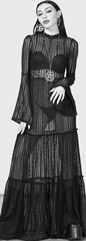 Killstar Amanita's Sorrow black stretch poly lace long bell sleeve high neck maxi dress