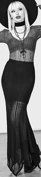 Killstar Juliette's Betrayal black poly elastane lace fitted maxi skirt with hanky hem, elastic waist