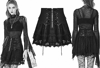 Dark in Love Gothic punk lace up back shiny pu and lace skirt 