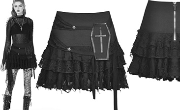 Dark in Love short Coffin Doll black poly rayon distressed knit and lace layered a-line mini skirt with back zip, raw hem, coffin applique, skull studs