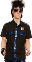 Lip Service guys black short sleeve cotton spandex cop shirt with removeable badge, blue contrast vinyl