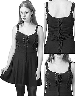 Poizen Industries black cotton elastane Malice lace up spaghetti strap flared skirt dress