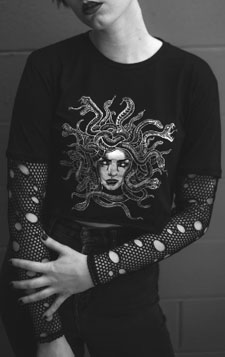 The Pretty Cult Medusa black fishnet sleeve tee shirt