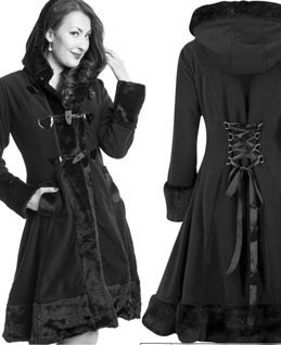 Poizen Industries ladies' black poly Minx coat with faux fur trimmed hood