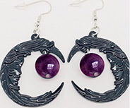 Gothic black crescent face purple bead earrings