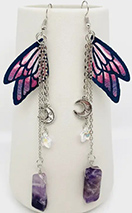 Natural crystal purple butterfly wing moon star earrings