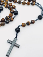 Tiger eye and black agate beaded cross rosary necklace