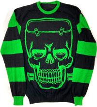 Kreepsville Franken Skull green striped guys sweater