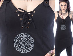 Vixxsin brand Naenia black cotton elastane ladies' top with laced up neckline, shoulder straps, asymetric hem, celtic print
