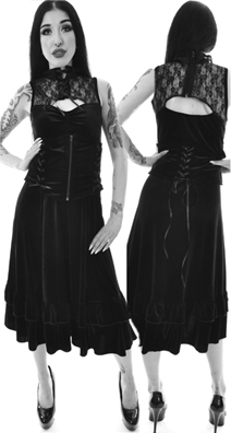 Poizen Industries black poly lace and velvet 3/4 length sleeveless Nova dress with matching waist cinch