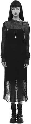  Gothic see through woolen crochet long sleeve distressed fabric long dress