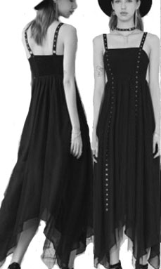 Punk Rave black poly mesh and chiffon pointed hanky hem long dress, with shirring, side zip, adjustable straps with rivets