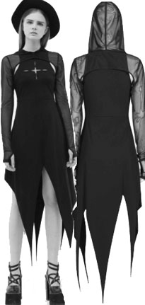 Punk Rave black stretch cotton viscose spandex Bellatrix two piece sleeveless cut out dress with mesh sleeve bolero jacket with thumbholes