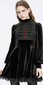 Punk Rave Sibylle Doll black velvet short dress with long bishop sleeves, red buttons.