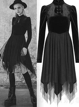 Punk Rave knee length black velvet/polyspandex Black Aura dress with puff sleeves, cut out riveted detail, layered hanky hem