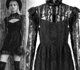 Punk Rave black poly cotton lace ruffled long sleeve gothic Noirelien dress with chest cut out, shoulder straps