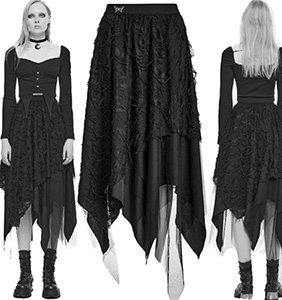 Punk Rave Beautiful Disaster black layered chiffon/distressed fabric hanky hemline elastic waist skirt