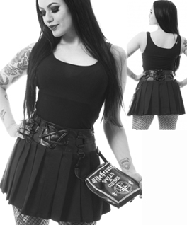 Heartless black cotton elastane poly pleated Pentagram mini skirt with pent lace up front, attached vinyl witchcraft purse