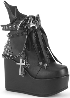Black vegan pu Pleaser/Demonia 5 inch wedge platform Poison ankle boot with straps, studs, charms, chain