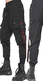 Devil Fashion men's black cotton spandex relaxed fit cargo pants with red accents, elastic drawstring waist