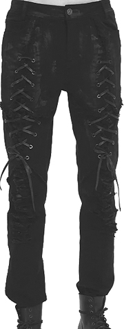 Devil Fashion Dead City men's black cotton spandex slim fit distressed trousers with lace up leg