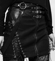Punk Rave Niobium black vegan vinyl mini skirt with lace up details, straps, front buckles.